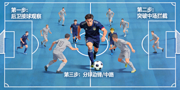 足球比赛后卫从后场带球组织进攻的战术示意图