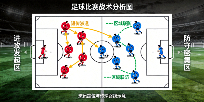 足球比赛战术分析图展示球员跑位与传球路线